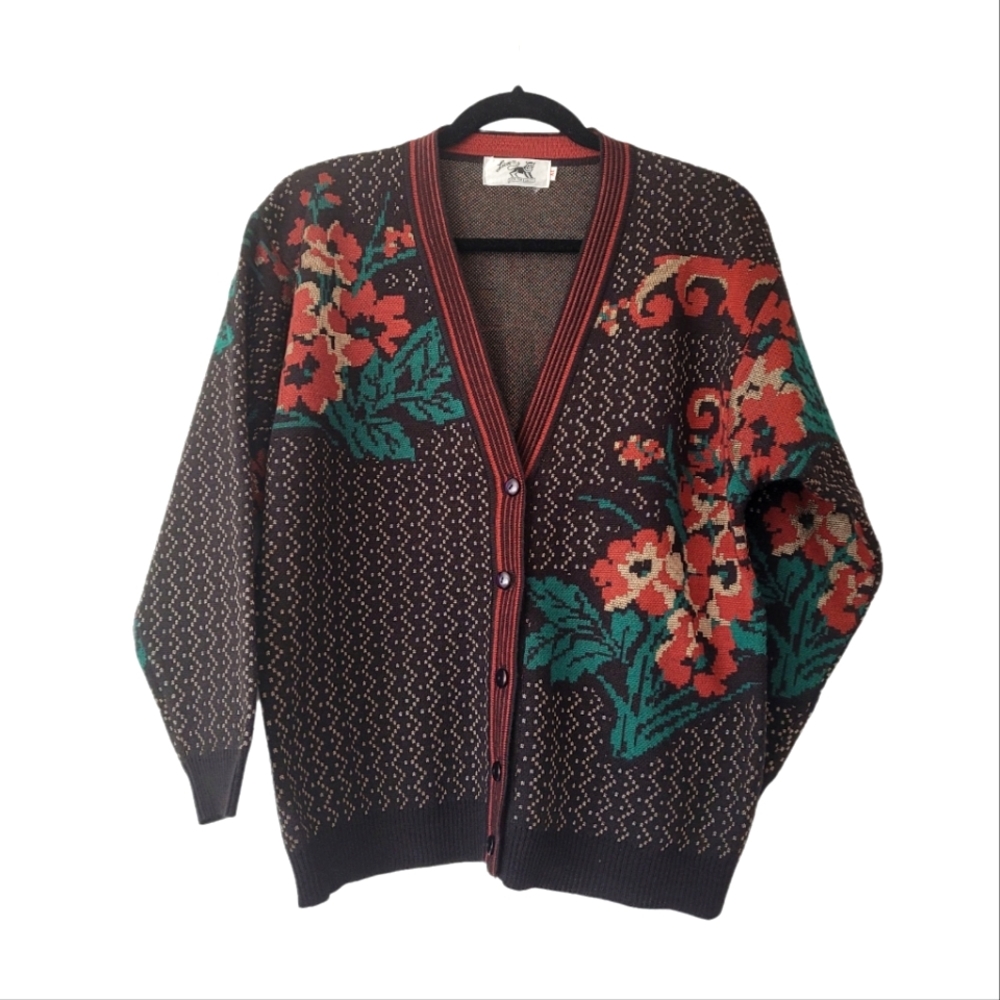 LION Vintage Gloral High Neck Long Sleeve Knit Cardigan Button V Neck Sweater